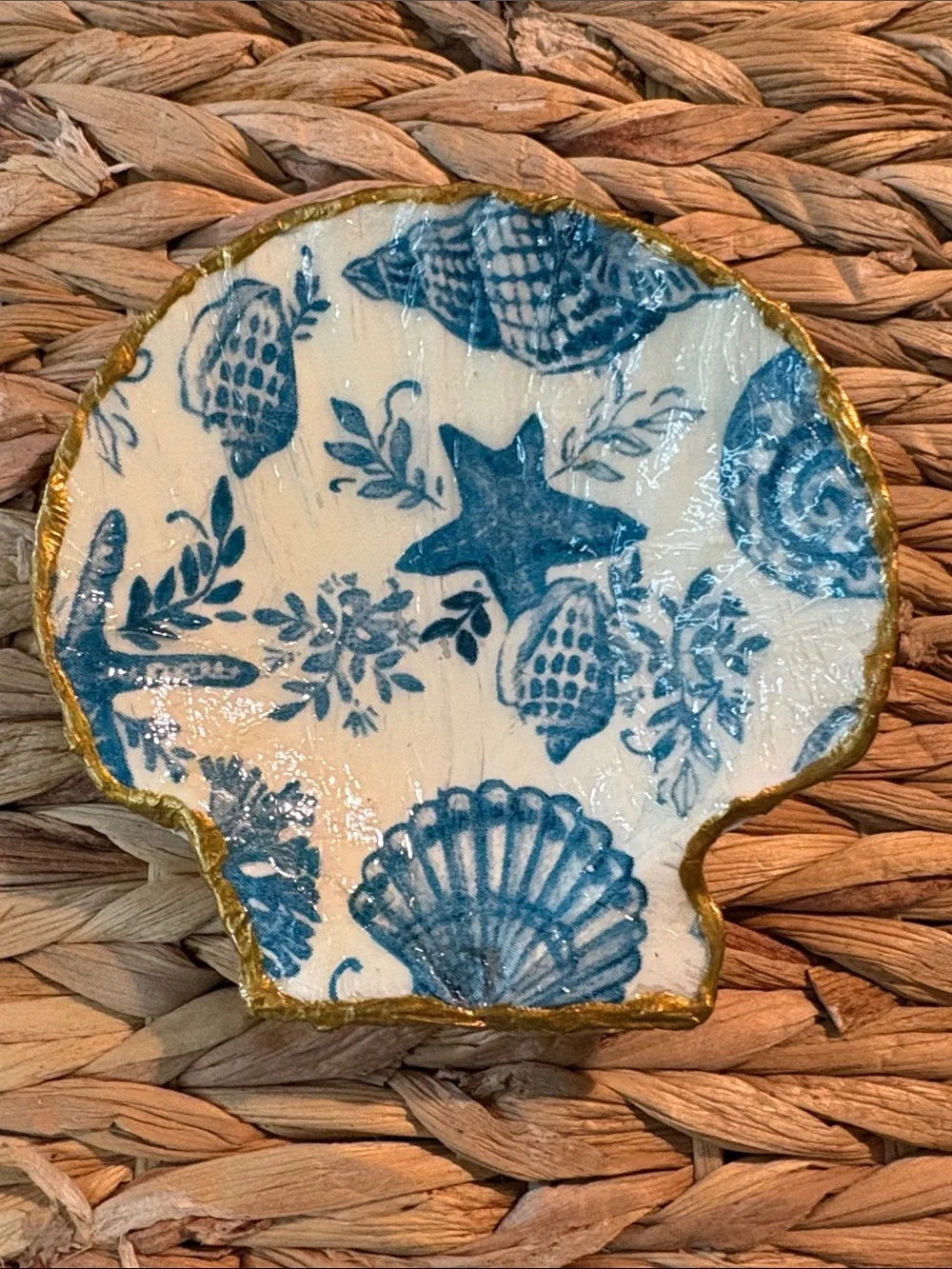 Hand Crafted White Shell Trinket Dish with Blue Coastal Motifs and Gold Rim